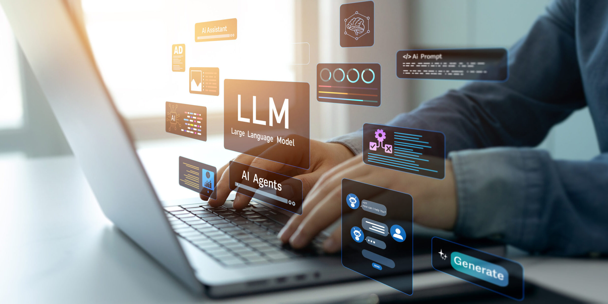 Large language model(LLM) with AI technology.User working on laptop in LLM,Data performrange language tasks,answering questions, summarizing information, translating languages, writing code. Large Language Models