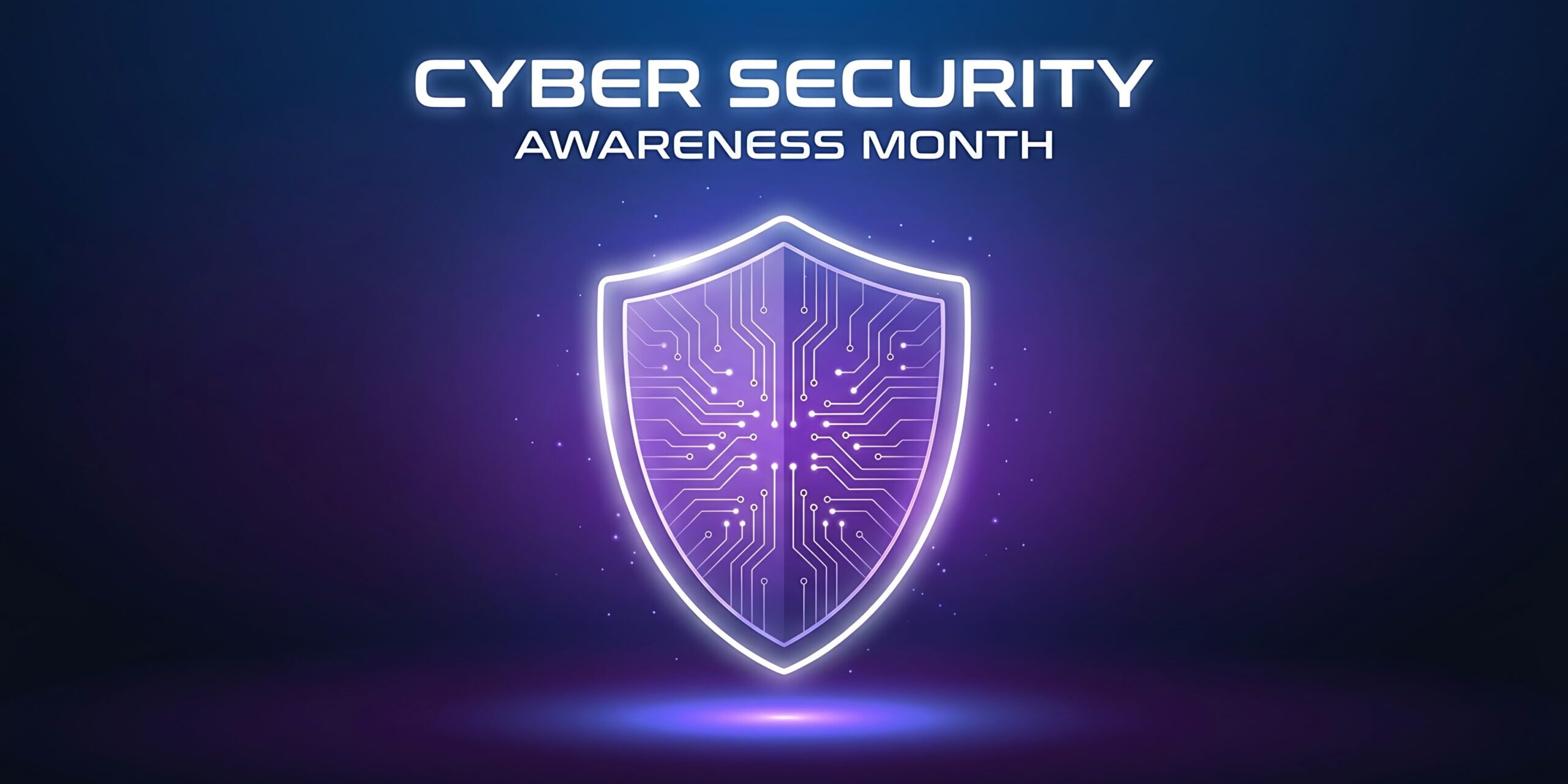 Glowing shield symbol with circuit board lines represents cybersecurity awareness month in october purple and blue futuristic design. Cybersecurity Awareness Month graphic featuring a laptop displaying a suspicious email, highlighting the importance of recognising phishing scams and thinking before clicking.