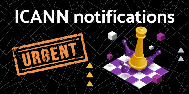 ICANN notification on black background with URGENT stamped across the left side and a chess queen jumping on a chess board on the left, knocking pawns and blocks off the board.