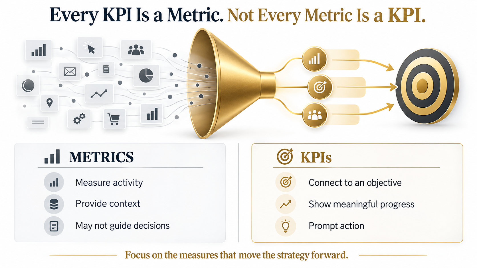 Metrics filtered into focused KPIs that connect business activity to objectives, meaningful progress and action.