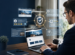 Business professional reviewing a laptop as website, review, directory, social profile and AI icons connect to a digital trust shield.