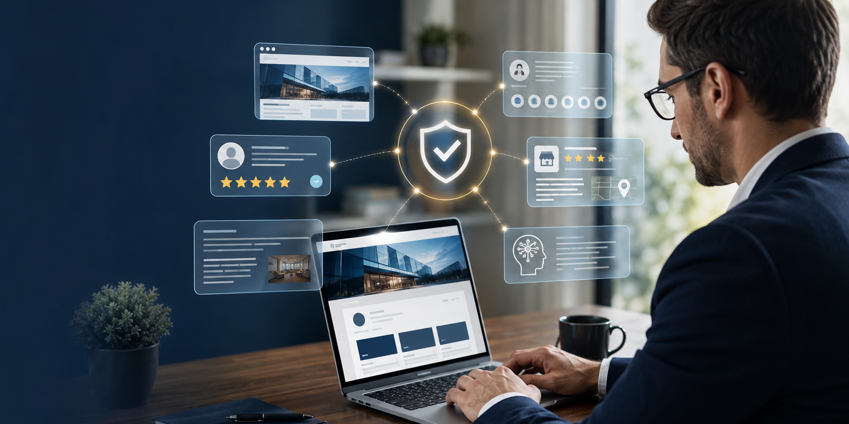 Reputation Matters Business professional reviewing a laptop as website, review, directory, social profile and AI icons connect to a digital trust shield.