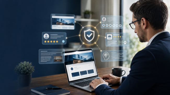 Business professional reviewing a laptop as website, review, directory, social profile and AI icons connect to a digital trust shield.