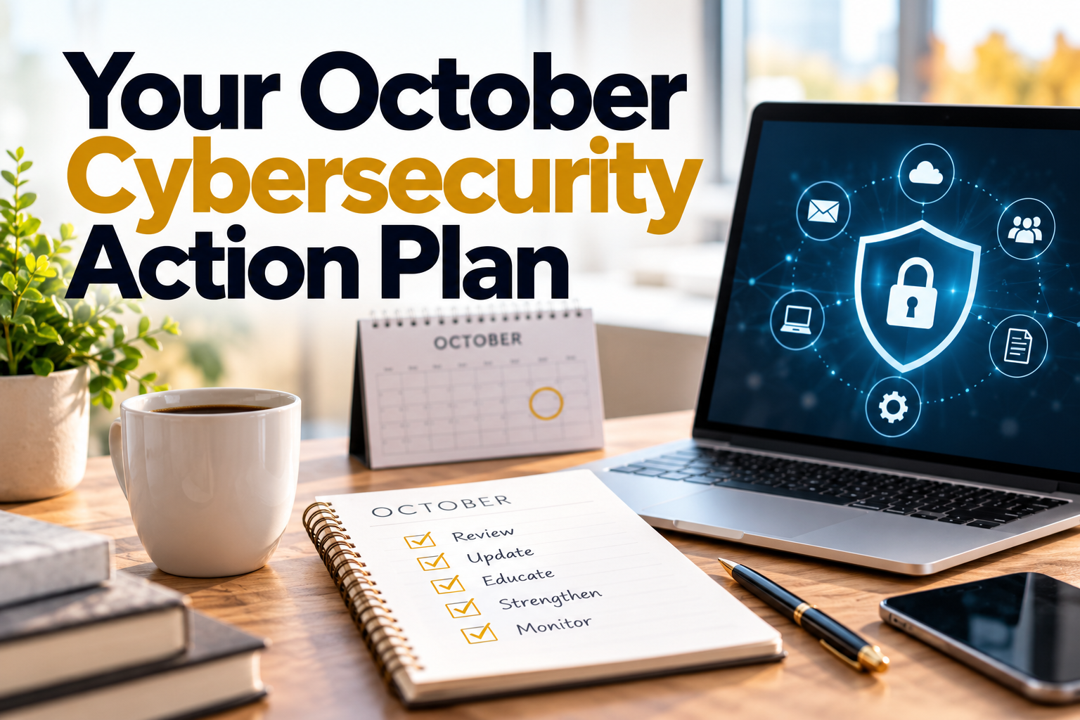 October Cybersecurity Action Plan graphic featuring a laptop with a digital security shield, an October calendar and a checklist highlighting five cybersecurity priorities: Review, Update, Educate, Strengthen and Monitor.