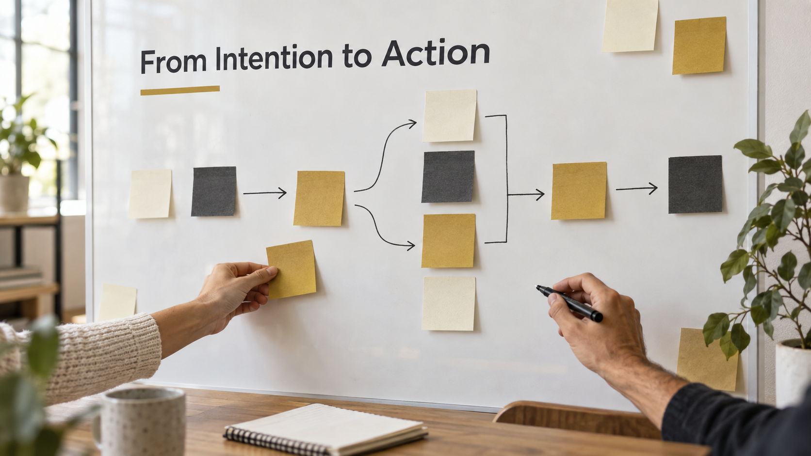 Two people arranging notes on a planning board to turn strategic priorities into clear actions.