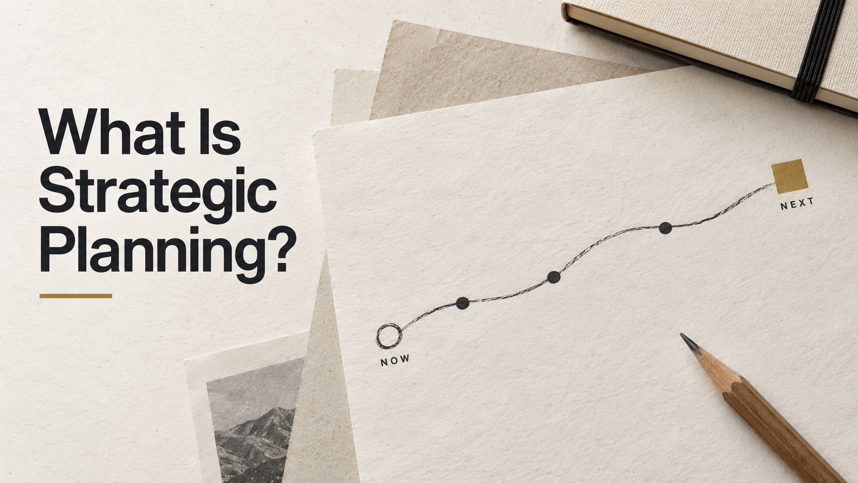 Strategic planning graphic showing a hand-drawn route from the current position to the next business objective.